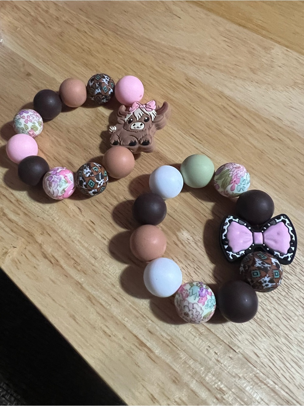 Cute Beaded Bow & Pony Stretch Bracelet Set - Pink, Brown, Peach B233